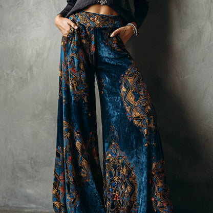 Ursime Velvet Ethnic Print High Rise Slant Pocket Wide Leg Pants