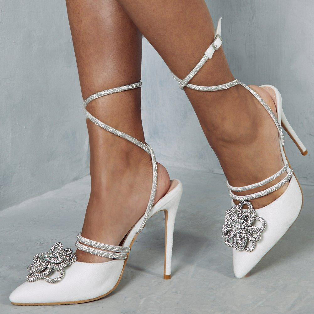 Faux Suede Pointed Toe Stiletto Heel Strappy Pumps with Flower