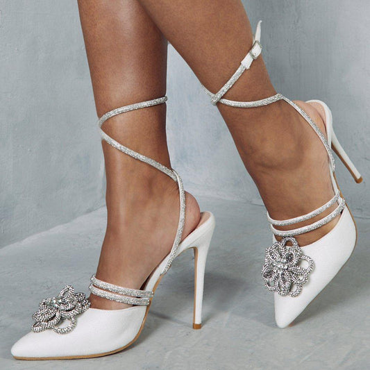Faux Suede Pointed Toe Stiletto Heel Strappy Pumps with Flower
