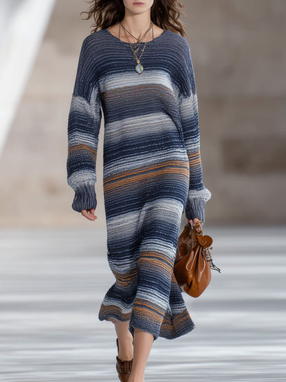 Fashion Retro Multicolor Knitted Striped Gradient Long-Sleeved Midi Dress