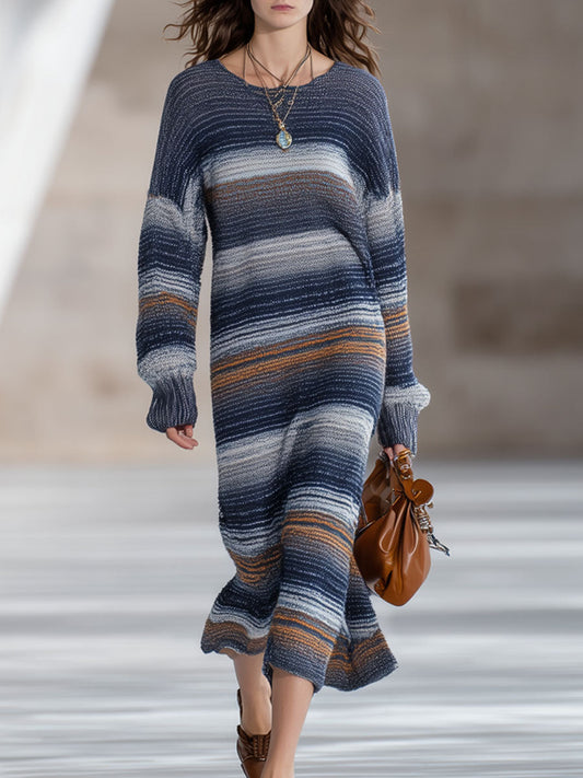 Fashion Retro Multicolor Knitted Striped Gradient Long-Sleeved Midi Dress