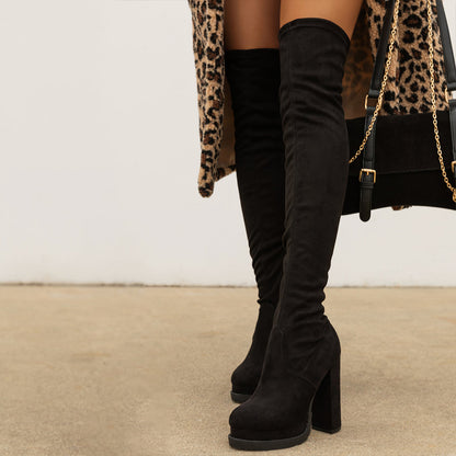 Fashion Black Round Toe Chunky Heel Thigh High Boots with Platform
