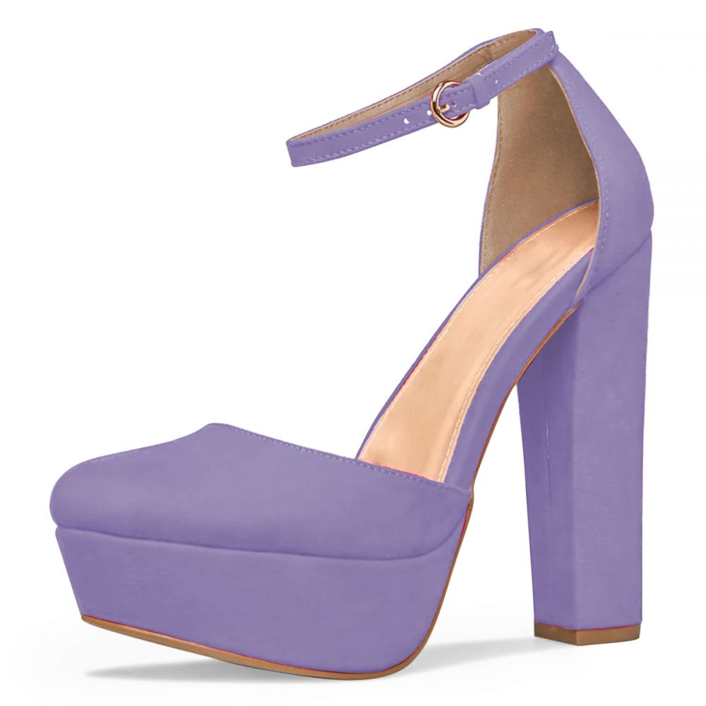 Elegant Purple Platform Pumps Closed Toe Ankle Strap Chunky Heels