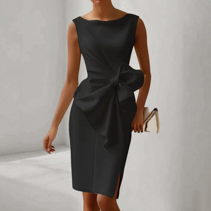 Formal Round Neck Sleeveless Bow Decor Slit Midi Dress