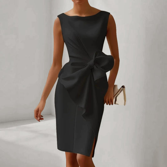 Formal Round Neck Sleeveless Bow Decor Slit Midi Dress