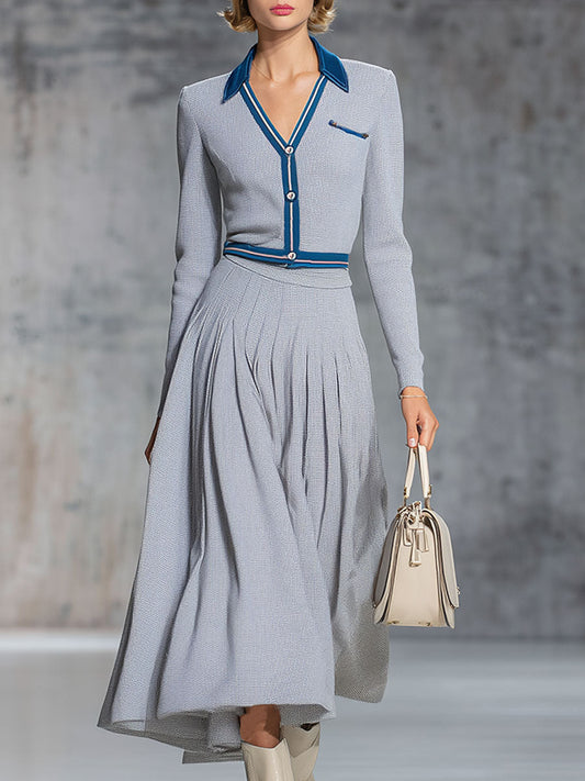 Fashion Retro Gray Knitted Long Sleeve Midi Dress Set