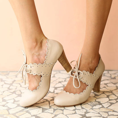 Beige Closed Toe 3'' Chunky Heel Lace Up Pumps