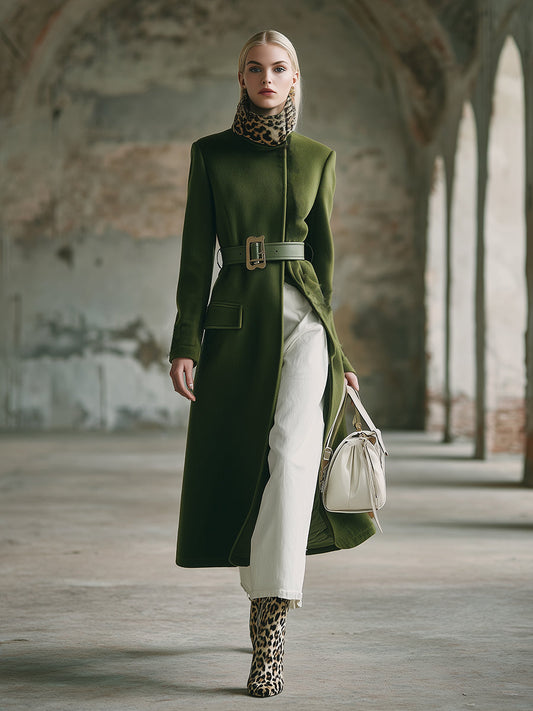 Elegant Retro Leopard Fur Collar Moss Green Wool Coat