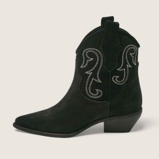 Faux Suede Chunky Heel Embroidered Black Cowgirl Boots for Women