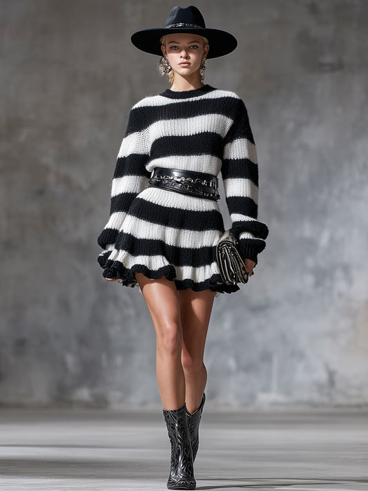 Fashionable And Classic Black And White Ruffled Knitted Mini Dress