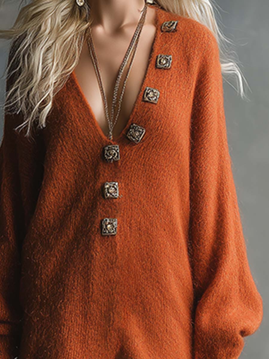 Elegant Lazy Warm Orange V-neck Wool Knitted Maxi Dress