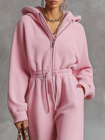 Fashion Retro Pink Polar Fleece Elastic Waist Hooded Jumpsuit