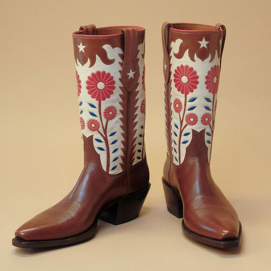 Embroidered Flower Snip Toe Brown & Beige Cowboy Boots for Women