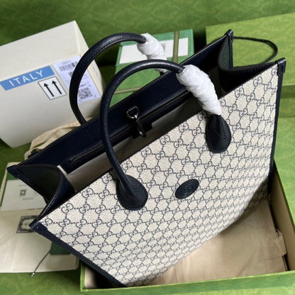 gg Tote Bag With Interlocking G Beige And Blue Supreme Canvas For Women 15in/38.5cm gg