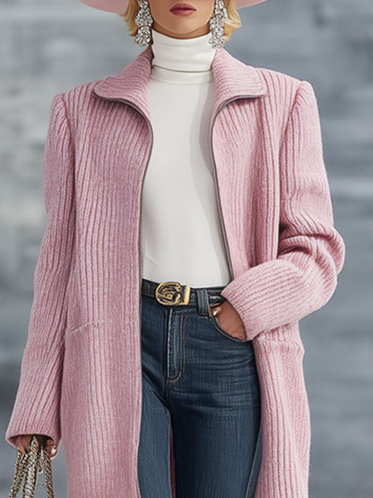 Fashion Retro Pink Knitted Zipper Cardigan Coat