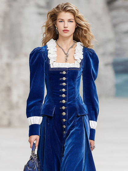 Fashion Retro Royal Blue Corduroy Ruffle Long Sleeve Maxi Dress