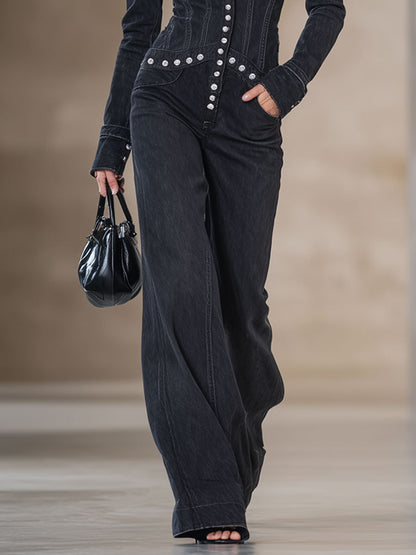 Fashion Retro Dark Gray Denim Long-Sleeved Rivet Wide-Leg Jumpsuit
