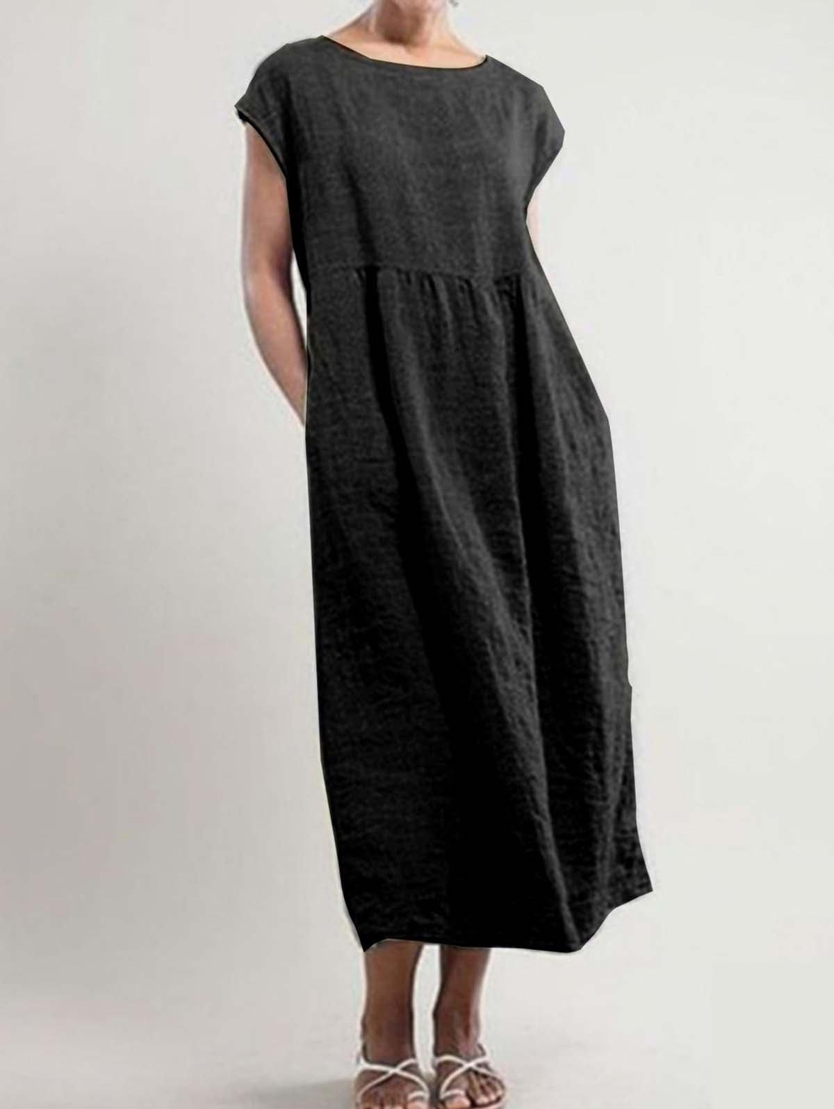Solid color sleeveless loose cotton and linen pocket dress
