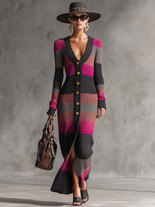 Exquisite Retro V-neck Front Metal Buckle Pink And Black Contrast Cardigan Knitted Maxi Dress