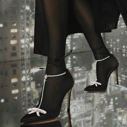 Elegant Black Pointed Toe Rhinestone T Strap Lace Up Stiletto Heels