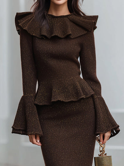 Elegant Ruffled Knit Peplum Top And Flared Skirt Set