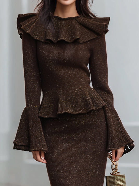 Elegant Ruffled Knit Peplum Top And Flared Skirt Set