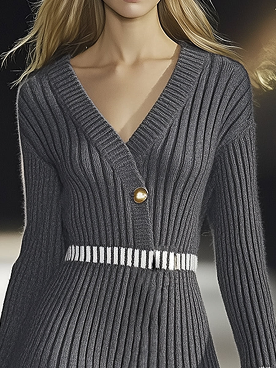 Fashionable V-neck Grey Knitted Long-sleeved Mini Dress