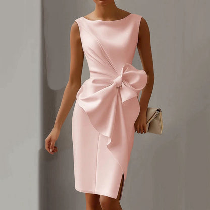 Formal Round Neck Sleeveless Bow Decor Slit Midi Dress
