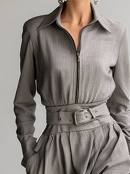Fashionable And Elegant Silver-gray Lapel Belt Cotton And Linen Long-sleeved Maxi Dress
