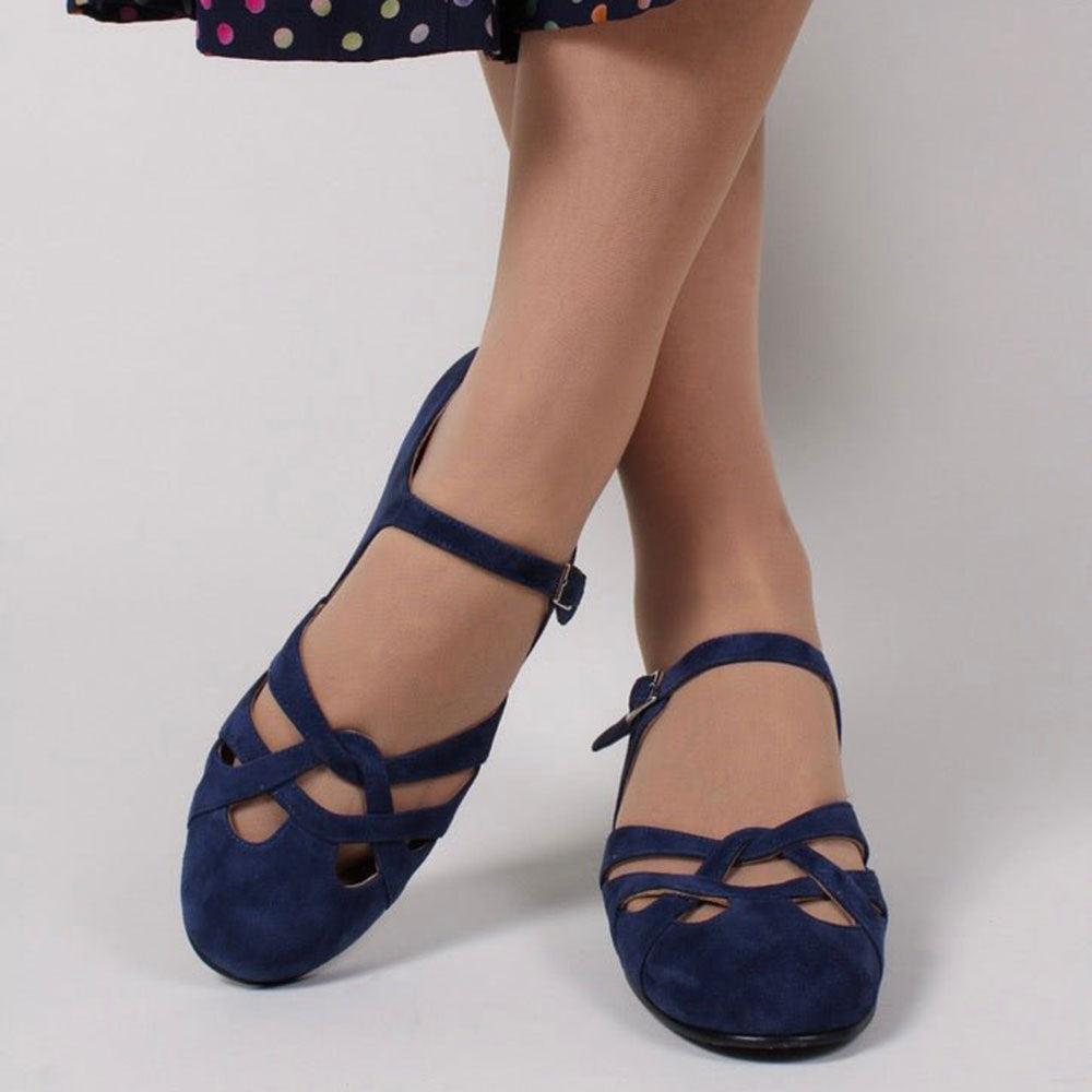 Faux Suede Round Toe Navy Blue Block Heel Pumps with Buckle