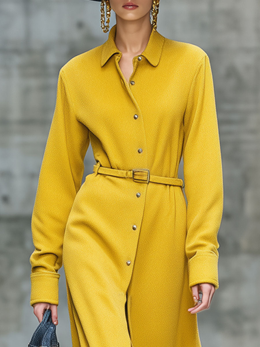 Vintage Yellow Grain Fleece Lace-Up Shirt Maxi Dress