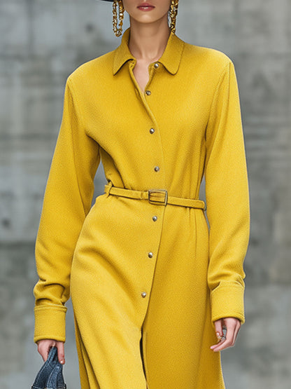 Vintage Yellow Grain Fleece Lace-Up Shirt Maxi Dress