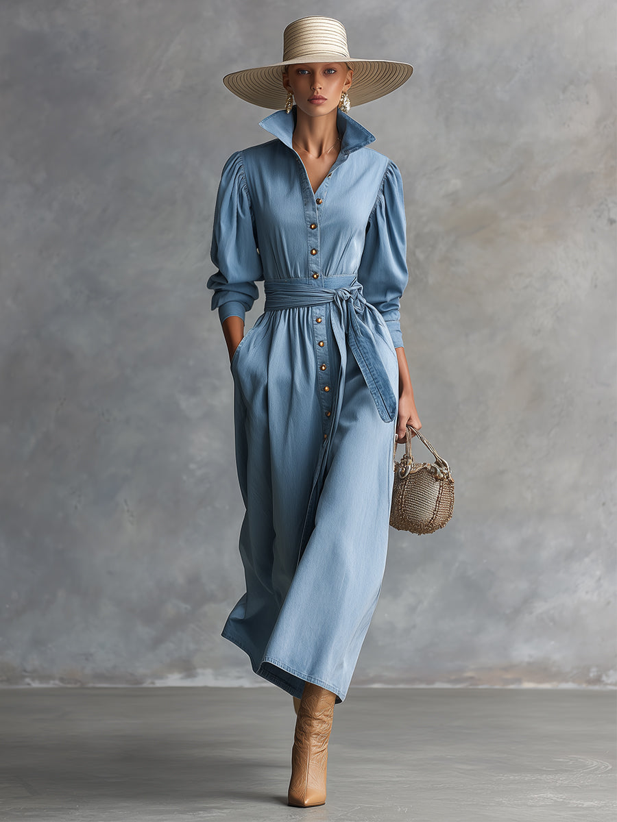 Elegant Light Blue Lapel Button Belt Denim Long Sleeve Maxi Dress