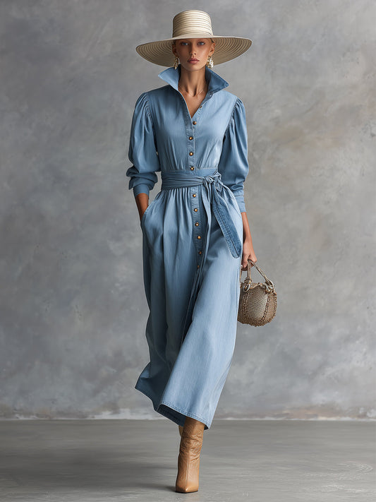 Elegant Light Blue Lapel Button Belt Denim Long Sleeve Maxi Dress