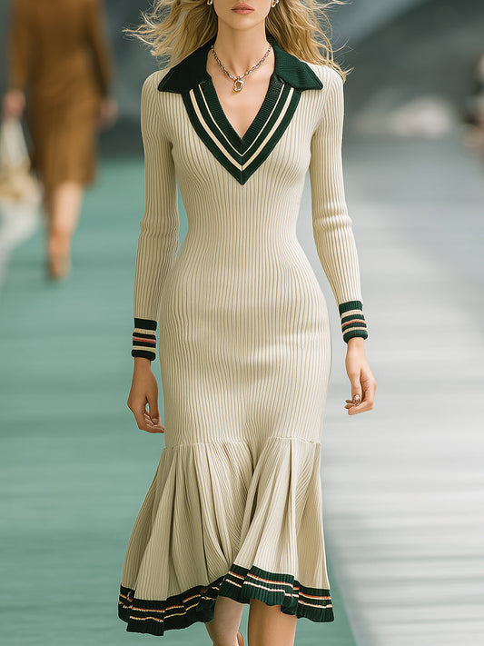 Elegant Retro Green Striped Beige Knitted Fishtail Skirt Midi Dress