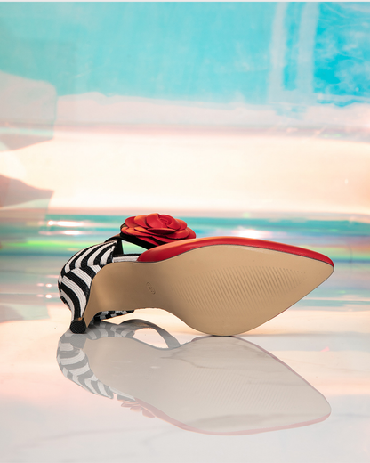 Azzurra Vintage Stripe Flower Strap Pumps In Red