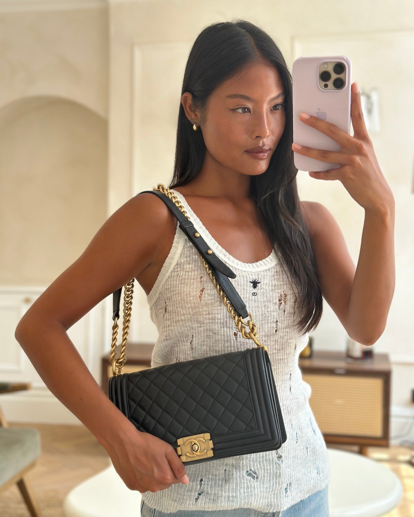 *FIRE PRICE* Chanel Black Medium Boy Bag in Lambskin Leather with Brushed Gold Hardware