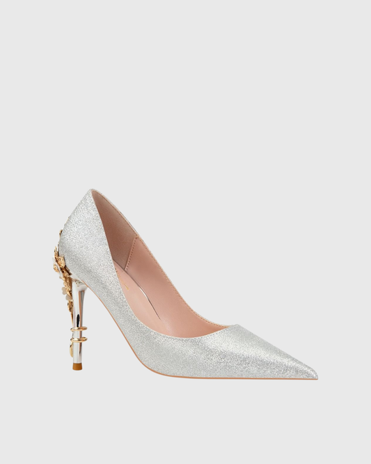 Blair Glitter Metal Flower Heels In Silver