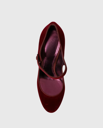 Blythe Velvet Strap Diamond Vintage Heels In Wine