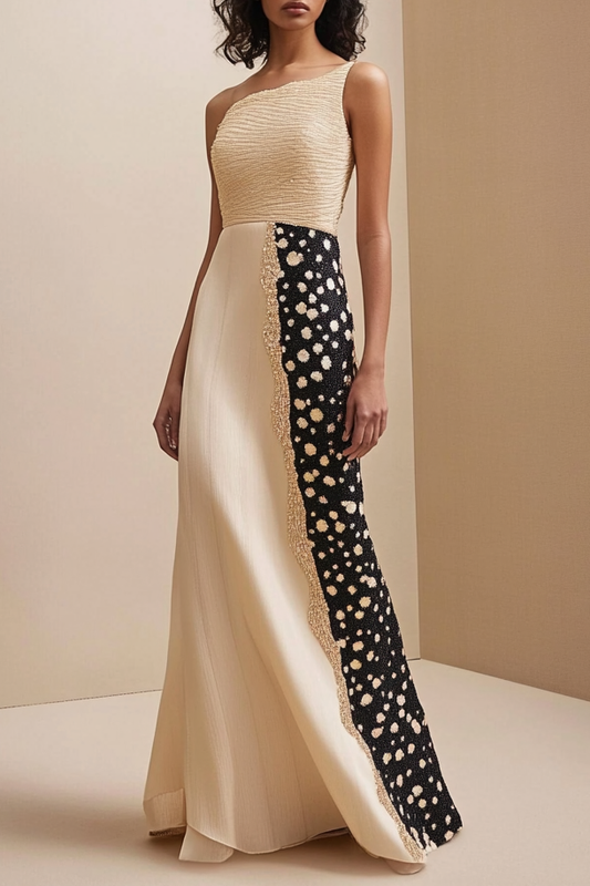 Formal Work Party Geometric Black White Spots Modern Beige Maxi Dress
