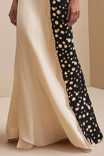 Formal Work Party Geometric Black White Spots Modern Beige Maxi Dress