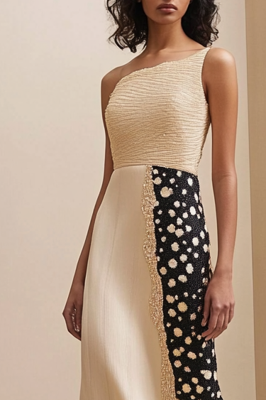 Formal Work Party Geometric Black White Spots Modern Beige Maxi Dress