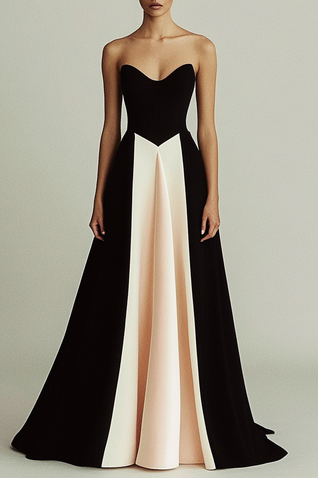 Formal Party Elegant Tri-Color V Neck Ruffle Floor-length Dress