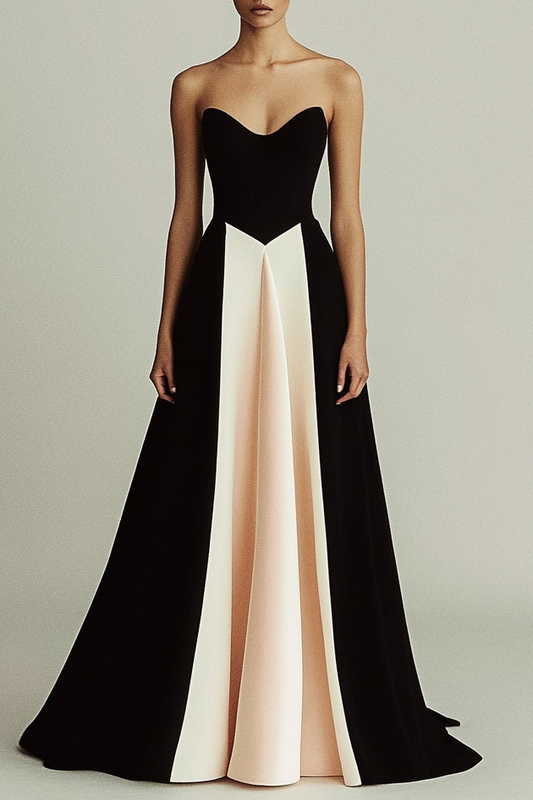 Formal Party Elegant Tri-Color V Neck Ruffle Floor-length Dress