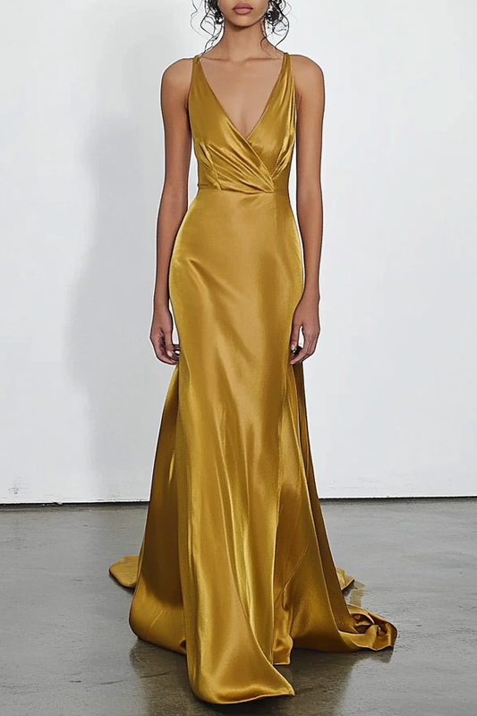 Formal Party Work V Neck Gold Satin Ruffle Maxi Dress