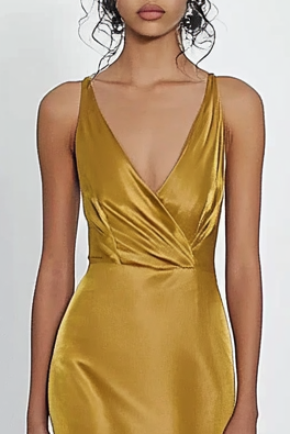 Formal Party Work V Neck Gold Satin Ruffle Maxi Dress