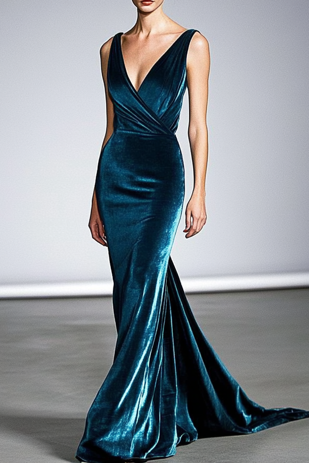 Formal Elegant Party DarkBlue Deep Velvet Mermaid Maxi Dress