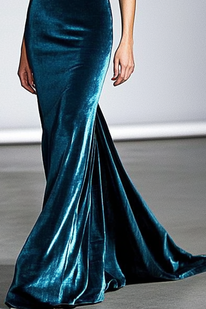 Formal Elegant Party DarkBlue Deep Velvet Mermaid Maxi Dress