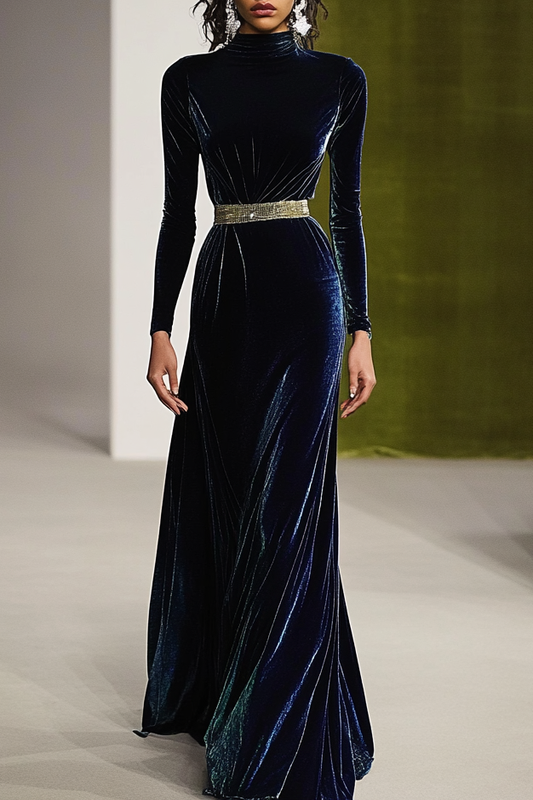 Daily Elegant High-Neck Velvet Deep Purple Gold Belt Long Sleeve Maxi Dress