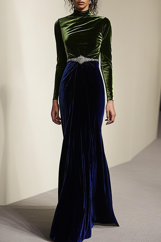 Daily Exquisite High-Neck Deep Blue Green Silver Belt Ruffle Long Sleeve Maxi Dress